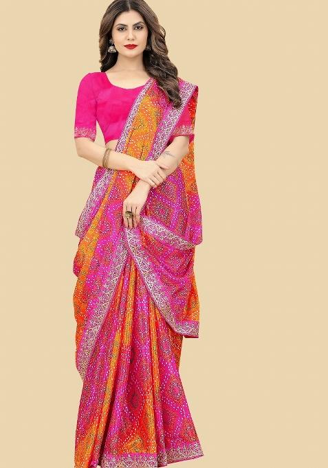 Pink Lace Work Chinon Saree Set
