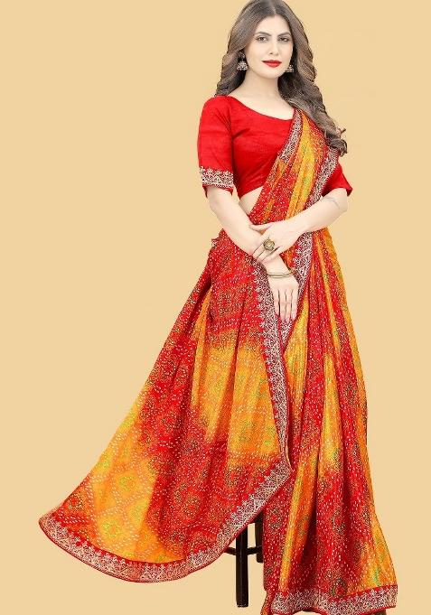 Yellow Lace Work Chinon Saree Set