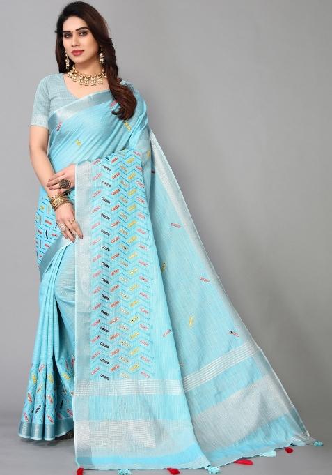 Blue Mirror Work Cotton Saree Set