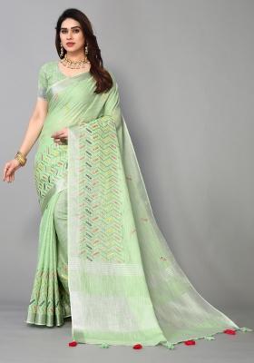 Green Mirror Work Cotton Saree Set