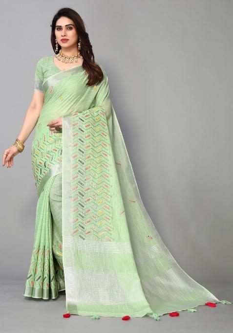 Green Mirror Work Cotton Saree Set