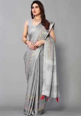 Grey Mirror Work Cotton Saree Set