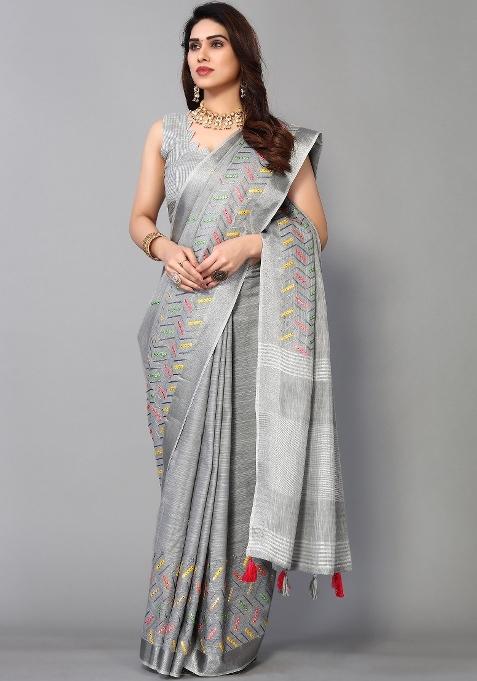 Grey Mirror Work Cotton Saree Set
