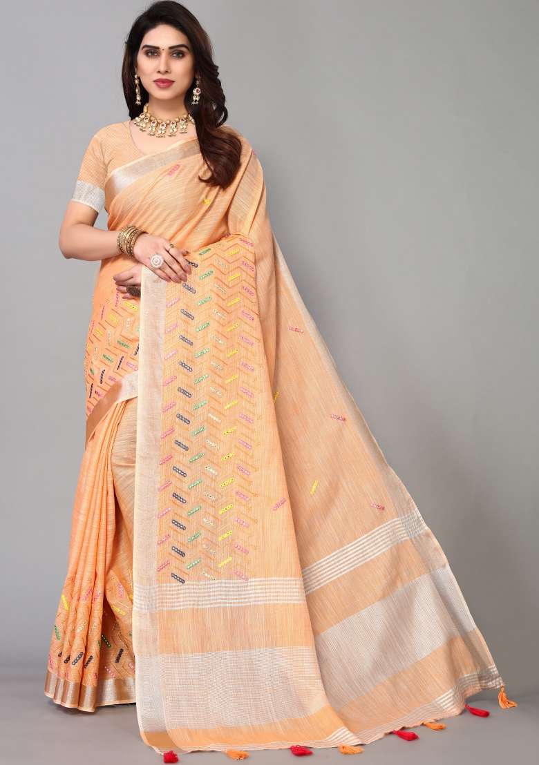 Orange Mirror Work Cotton Saree Set - Indya