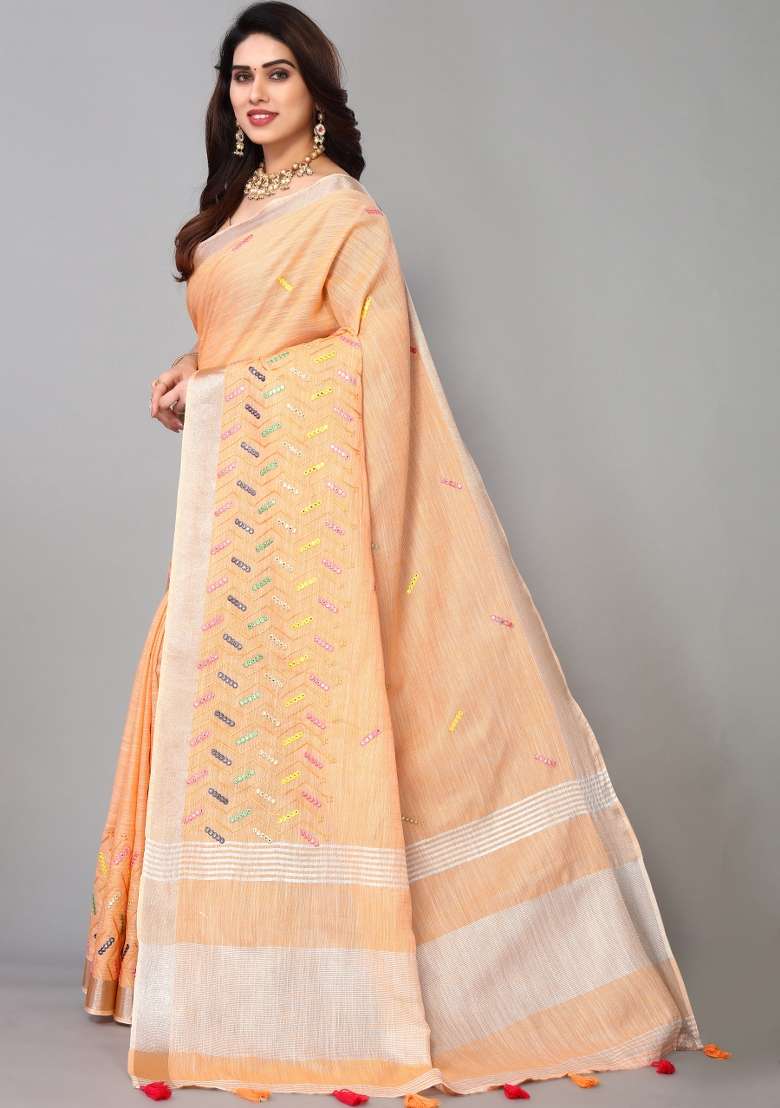 Orange Mirror Work Cotton Saree Set - Indya