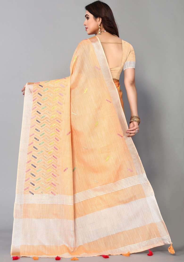 Orange Mirror Work Cotton Saree Set - Indya