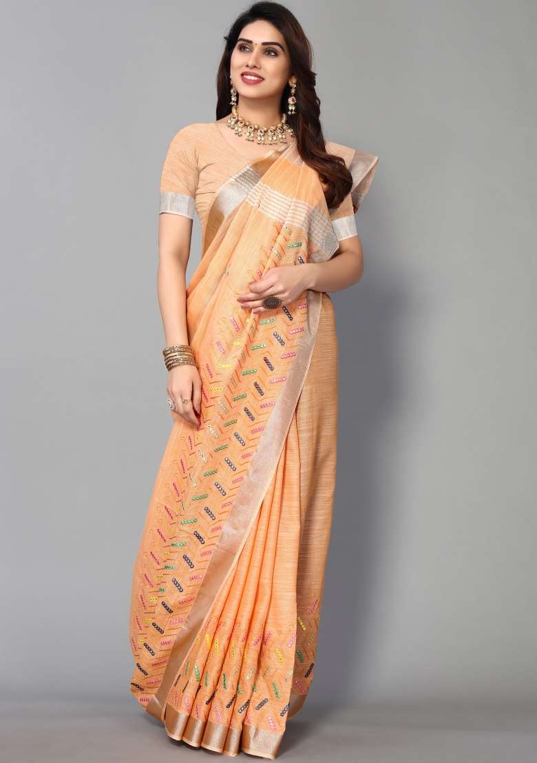 Orange Mirror Work Cotton Saree Set - Indya