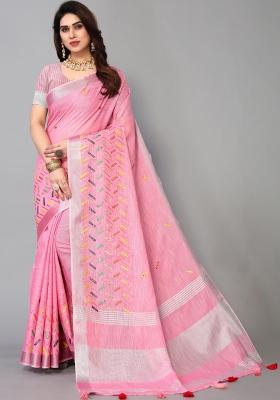 Pink Mirror Work Cotton Saree Set