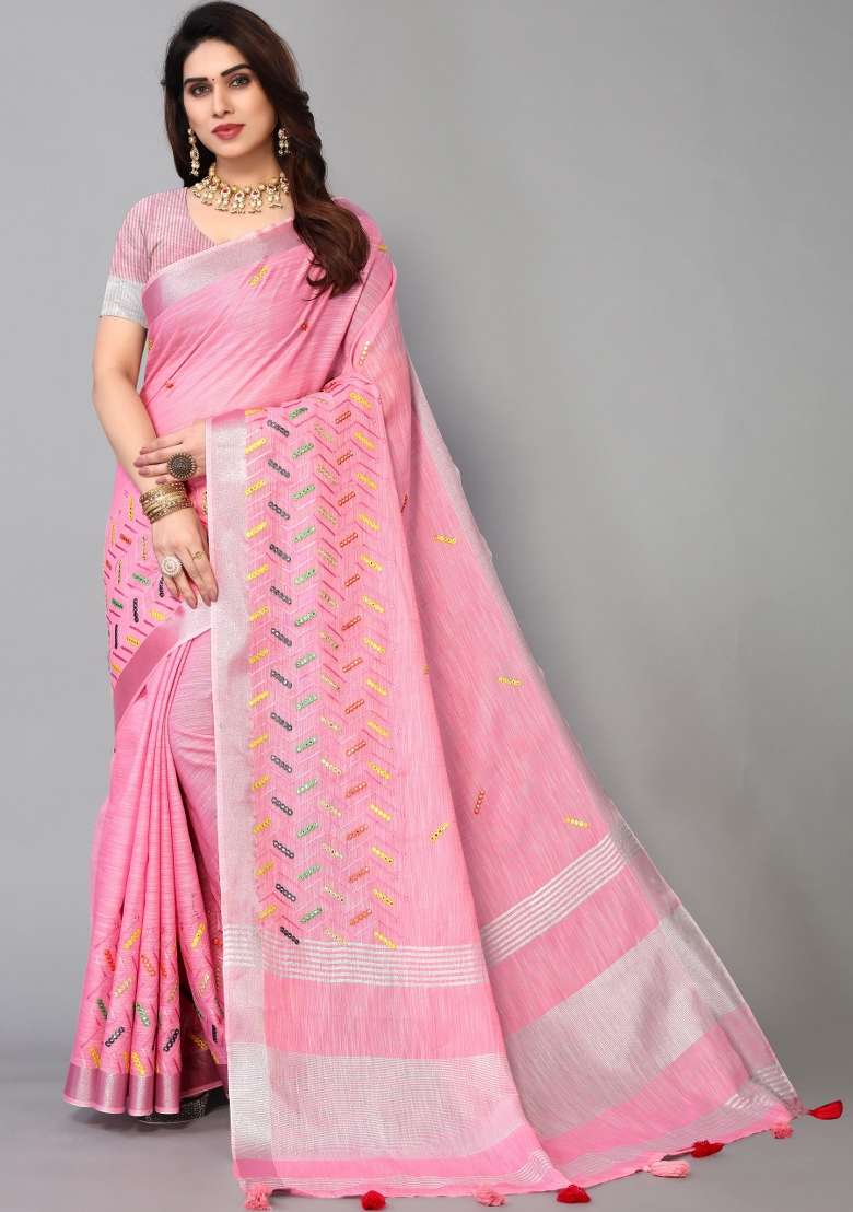 Pink Mirror Work Cotton Saree Set - Indya