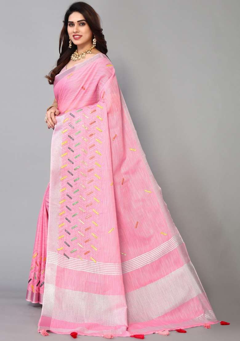 Pink Mirror Work Cotton Saree Set - Indya