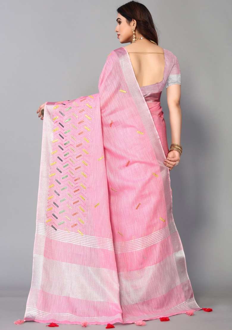 Pink Mirror Work Cotton Saree Set - Indya