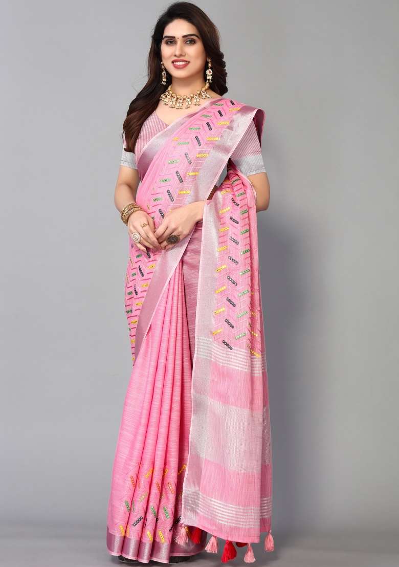 Pink Mirror Work Cotton Saree Set - Indya