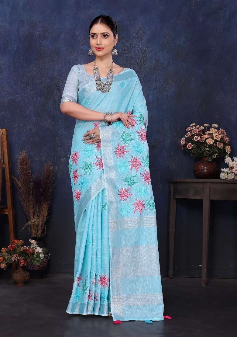 Blue Embroidery Cotton Saree Set - Indya
