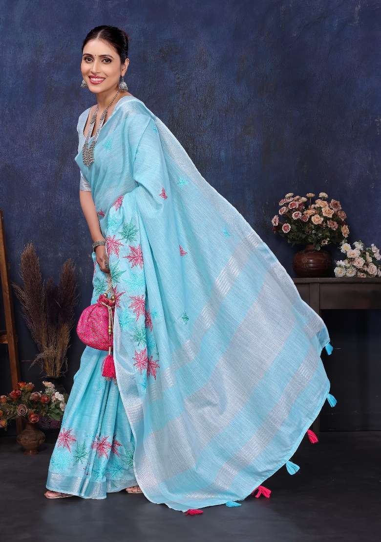 Blue Embroidery Cotton Saree Set - Indya