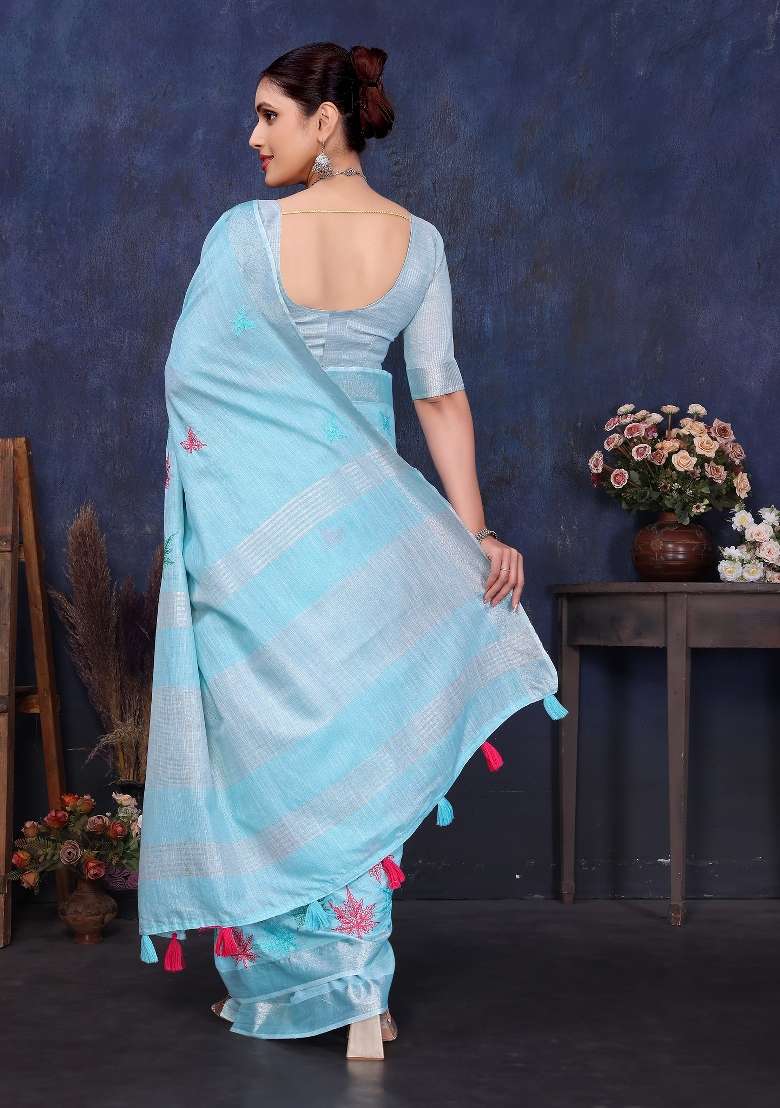 Blue Embroidery Cotton Saree Set - Indya