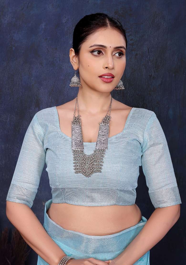 Blue Embroidery Cotton Saree Set - Indya