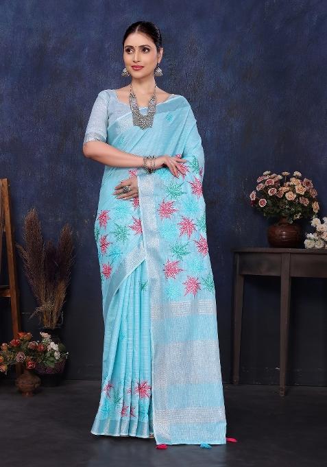 Blue Embroidery Cotton Saree Set