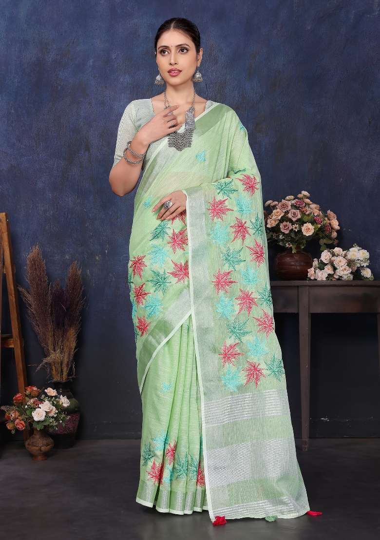 Green Embroidery Cotton Saree Set - Indya