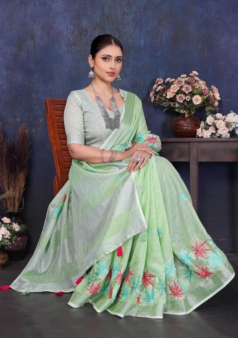 Green Embroidery Cotton Saree Set - Indya