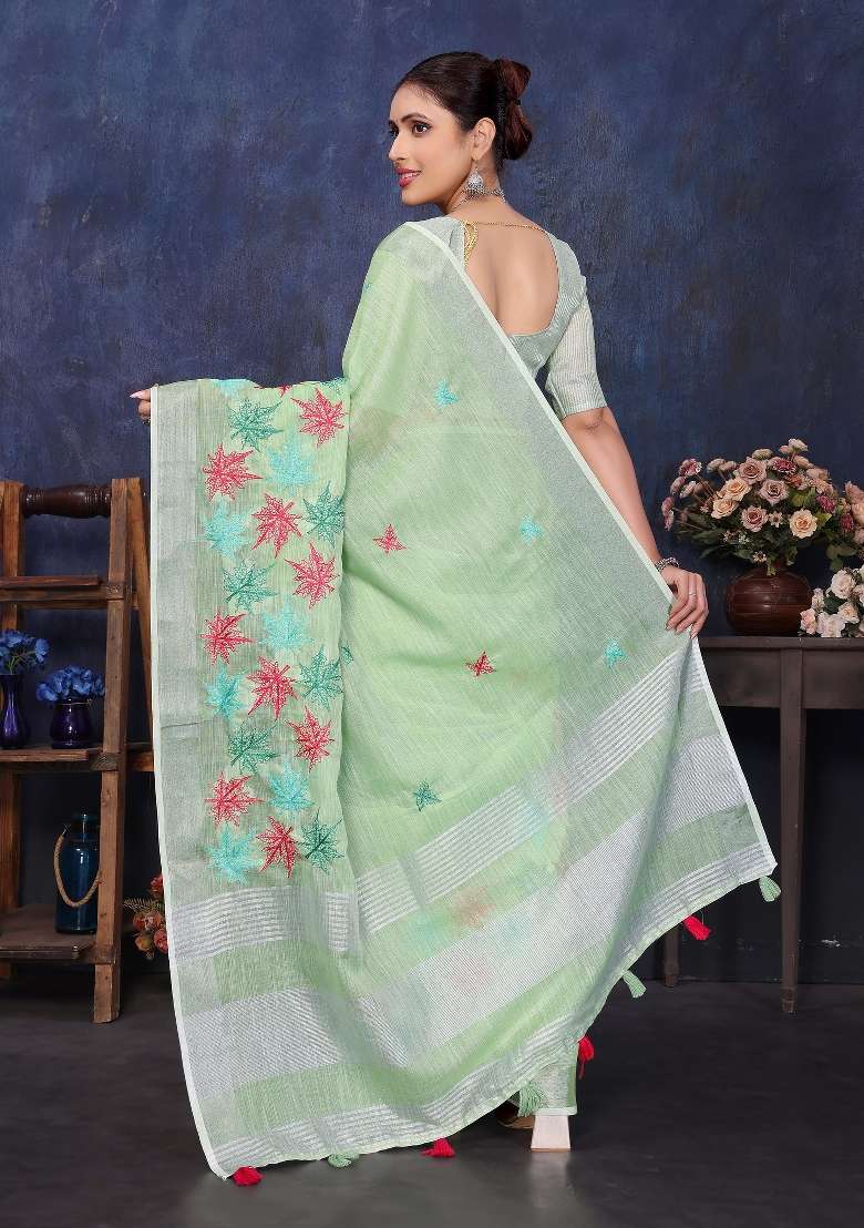Green Embroidery Cotton Saree Set - Indya
