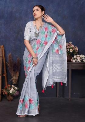 Grey Embroidery Cotton Saree Set