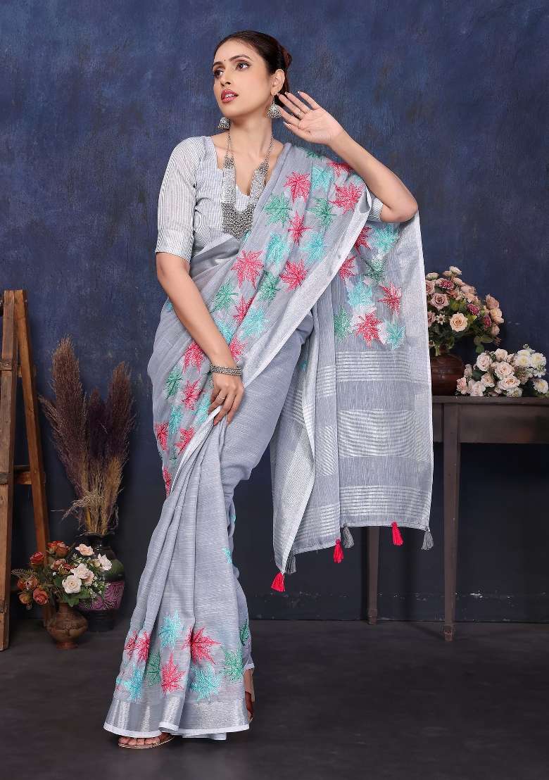 Grey Embroidery Cotton Saree Set - Indya