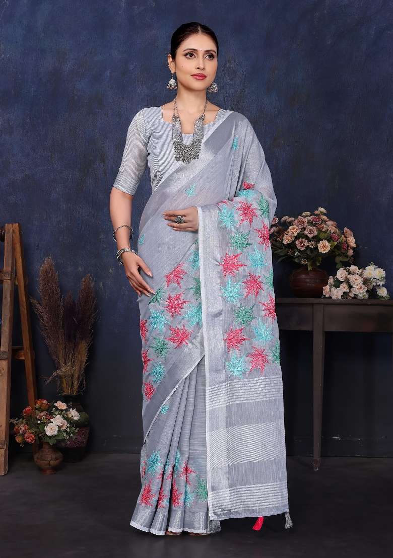 Grey Embroidery Cotton Saree Set - Indya