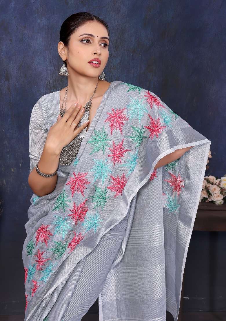 Grey Embroidery Cotton Saree Set - Indya