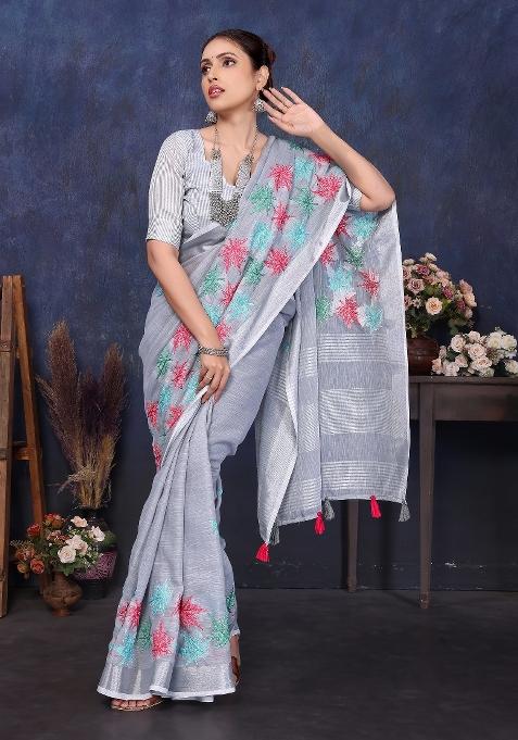 Grey Embroidery Cotton Saree Set