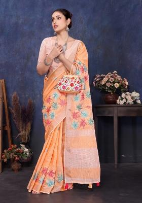Orange Embroidery Cotton Saree Set