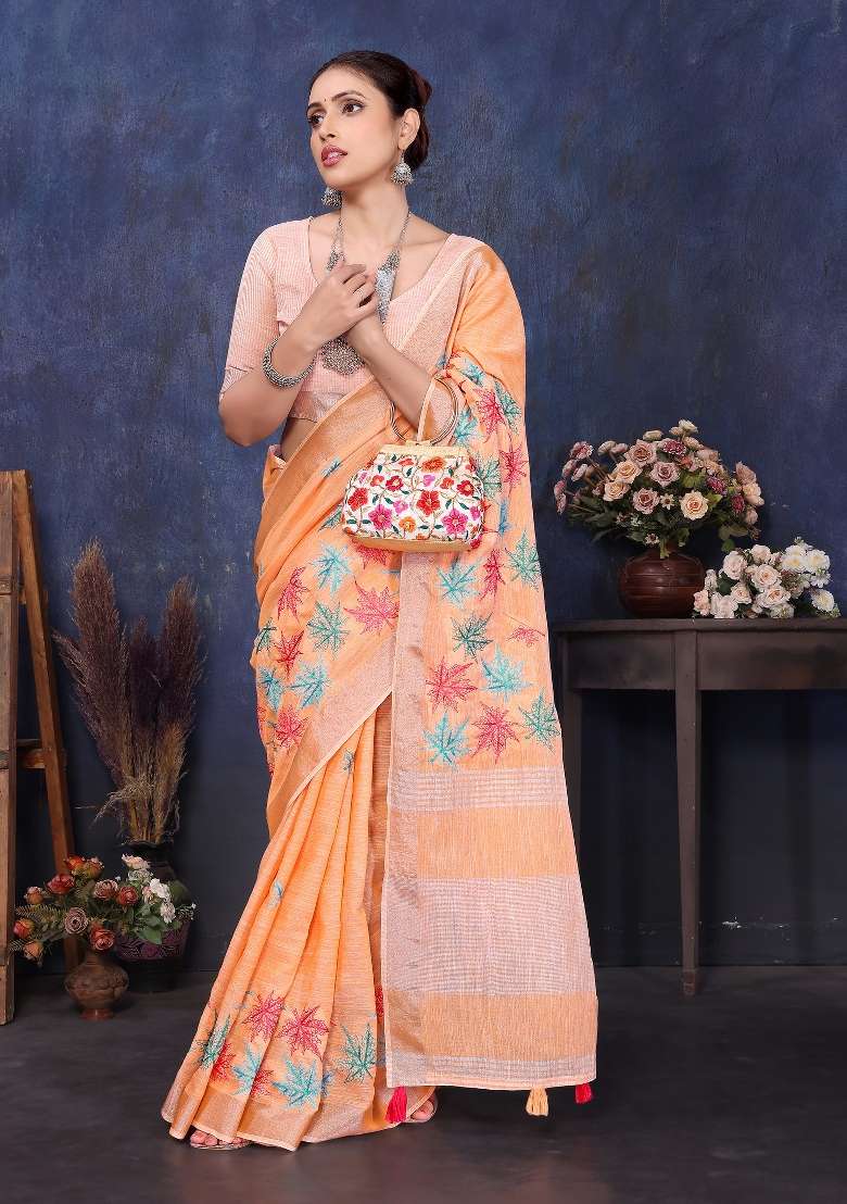 Orange Embroidery Cotton Saree Set - Indya
