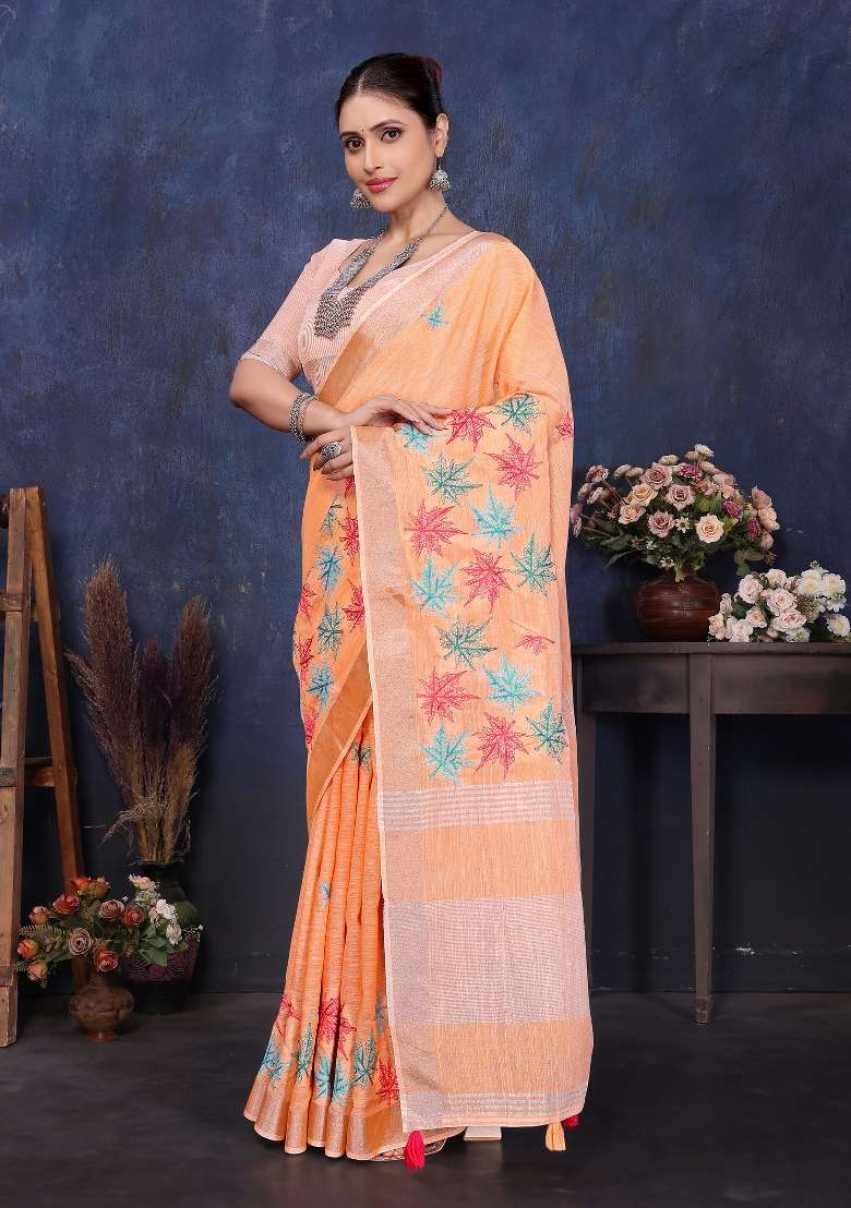 Orange Embroidery Cotton Saree Set - Indya