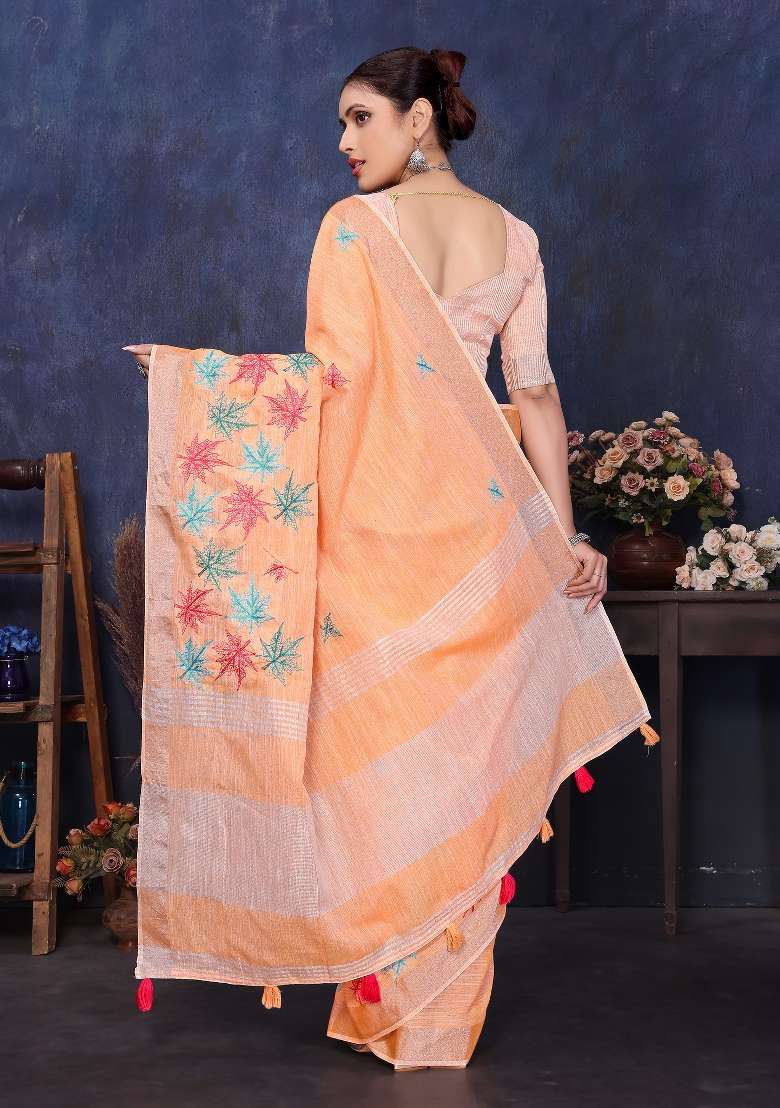 Orange Embroidery Cotton Saree Set - Indya
