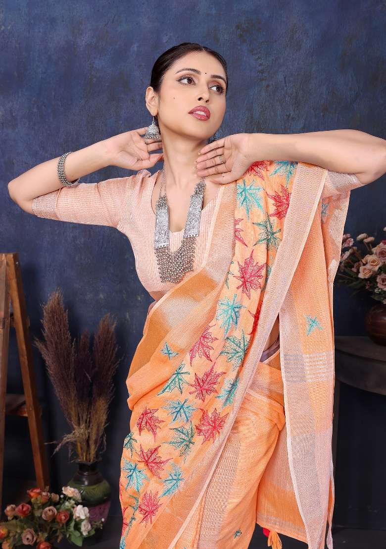 Orange Embroidery Cotton Saree Set - Indya