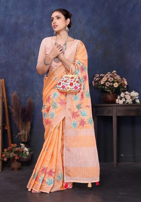 Orange Embroidery Cotton Saree Set