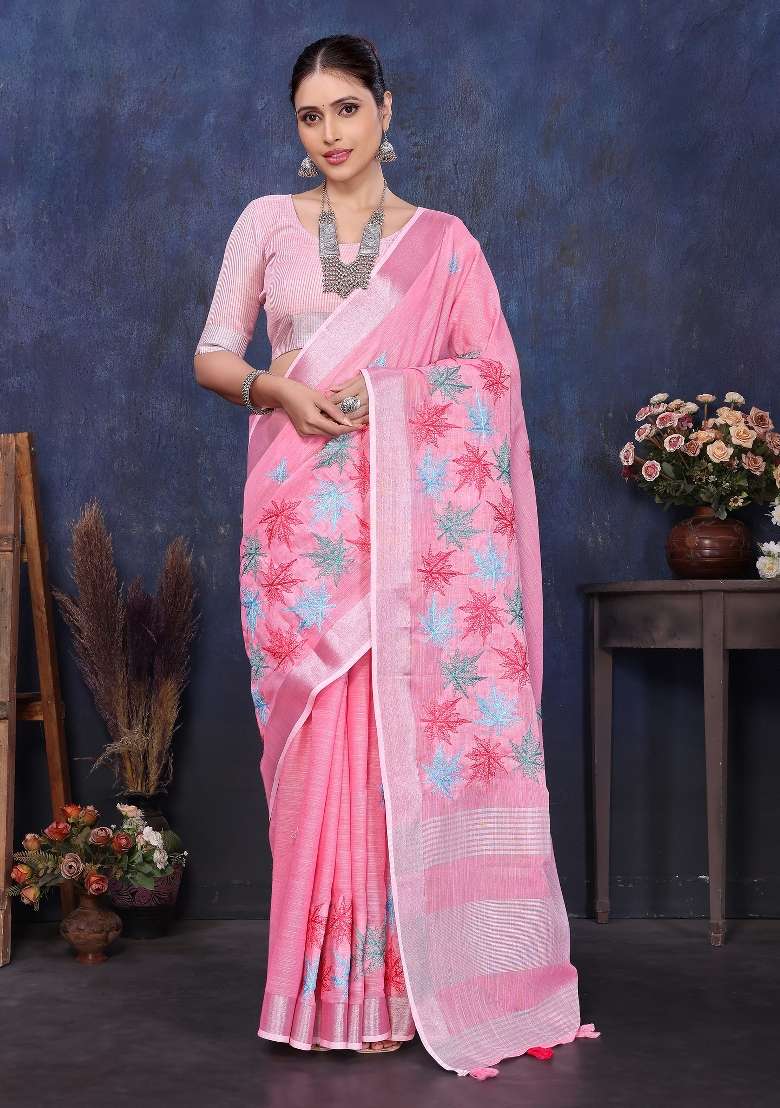 Pink Embroidery Cotton Saree Set - Indya