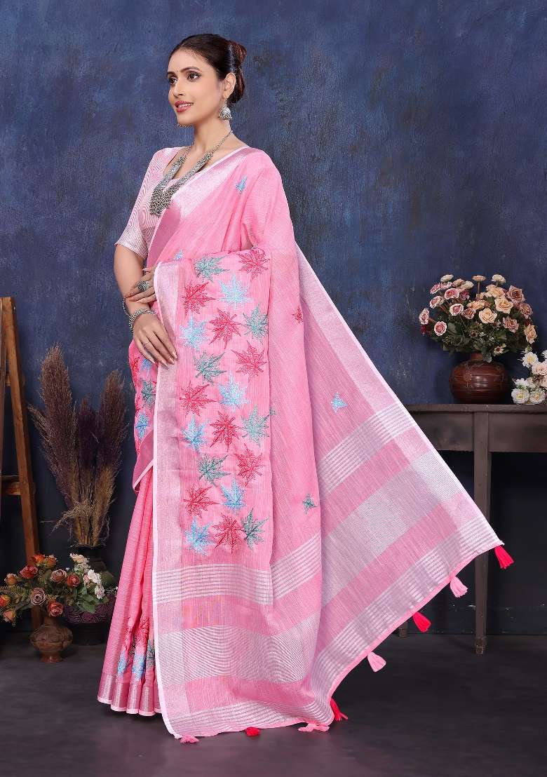 Pink Embroidery Cotton Saree Set - Indya
