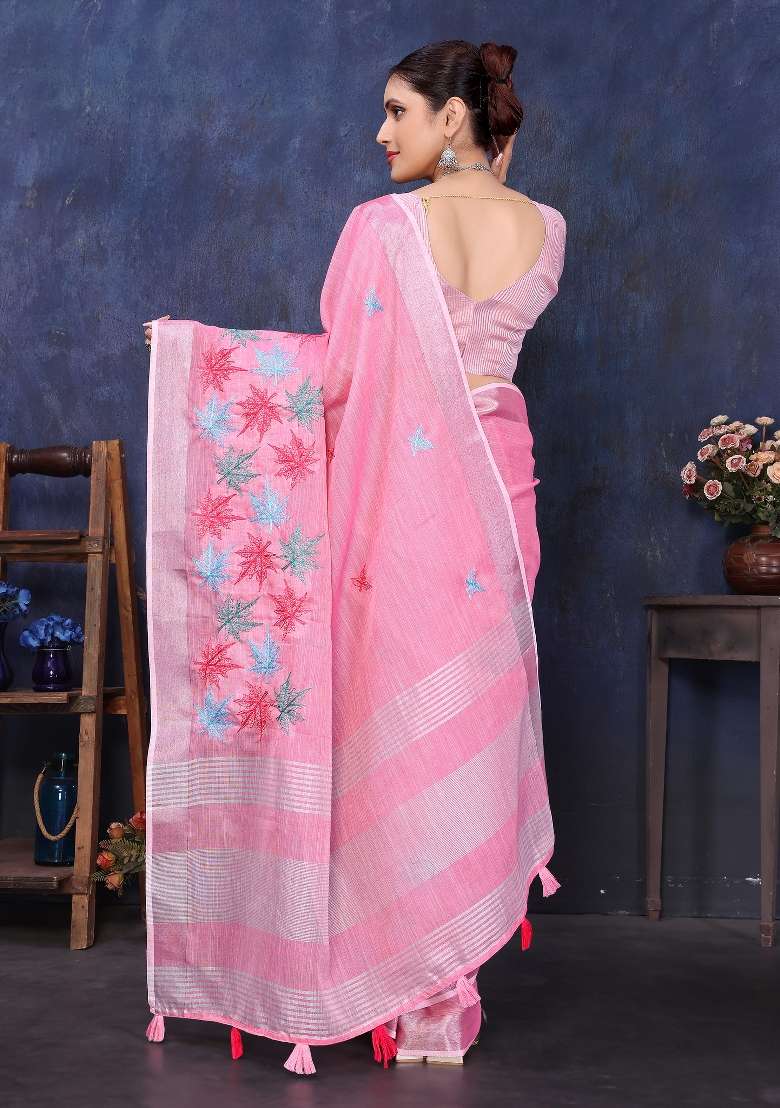 Pink Embroidery Cotton Saree Set - Indya