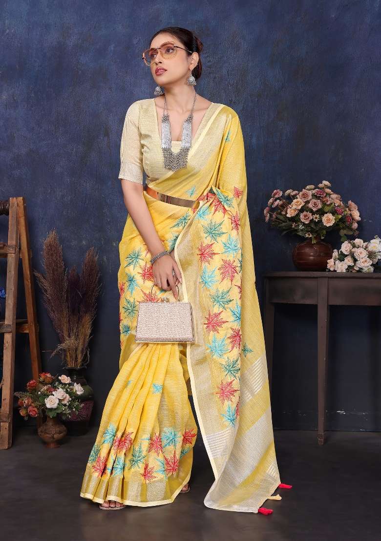 Yellow Embroidery Cotton Saree Set - Indya
