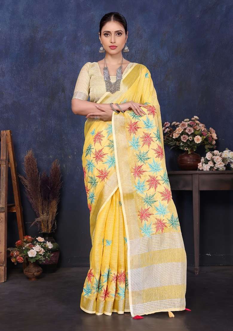 Yellow Embroidery Cotton Saree Set - Indya