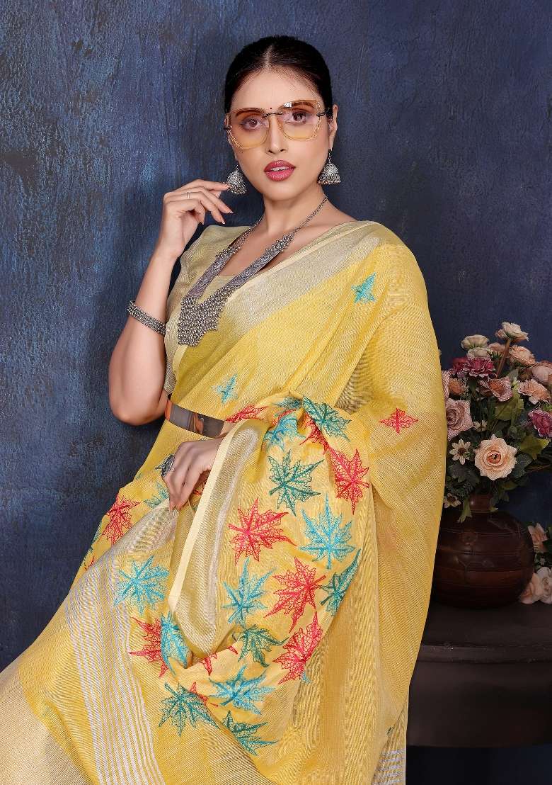 Yellow Embroidery Cotton Saree Set - Indya