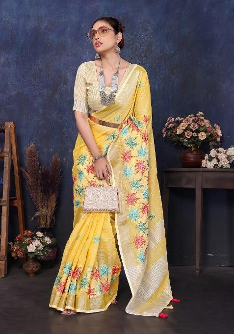 Yellow Embroidery Cotton Saree Set