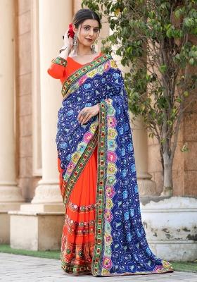 Blue Embroidery Georgette Saree Set