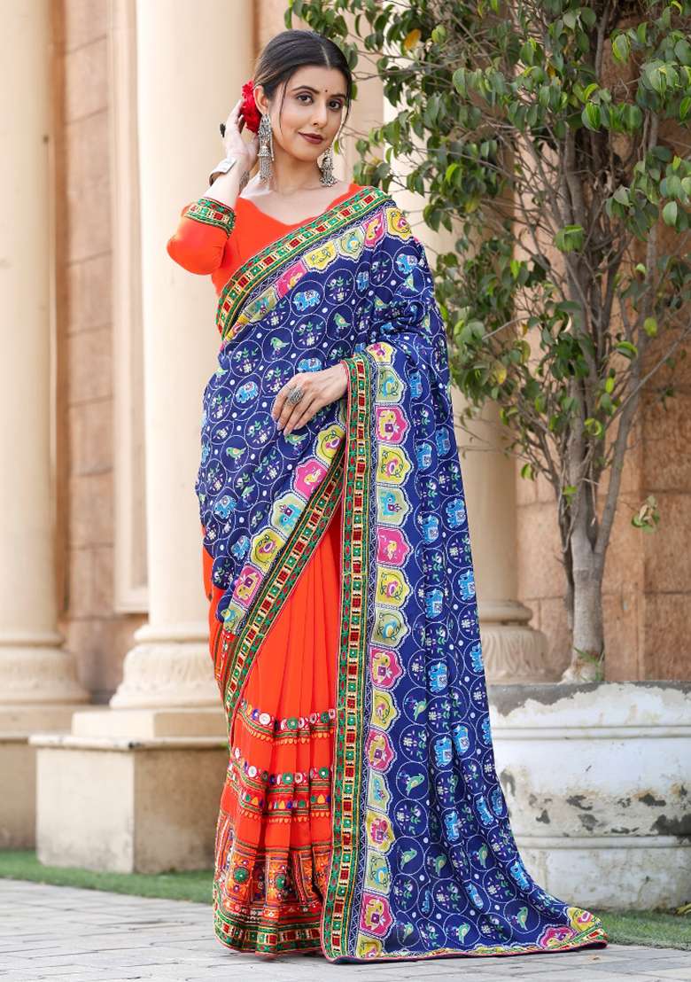 Blue Embroidery Georgette Saree Set - Indya