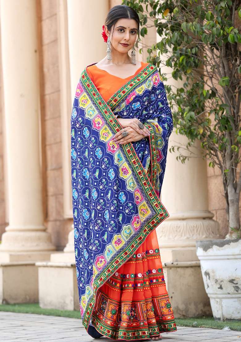 Blue Embroidery Georgette Saree Set - Indya