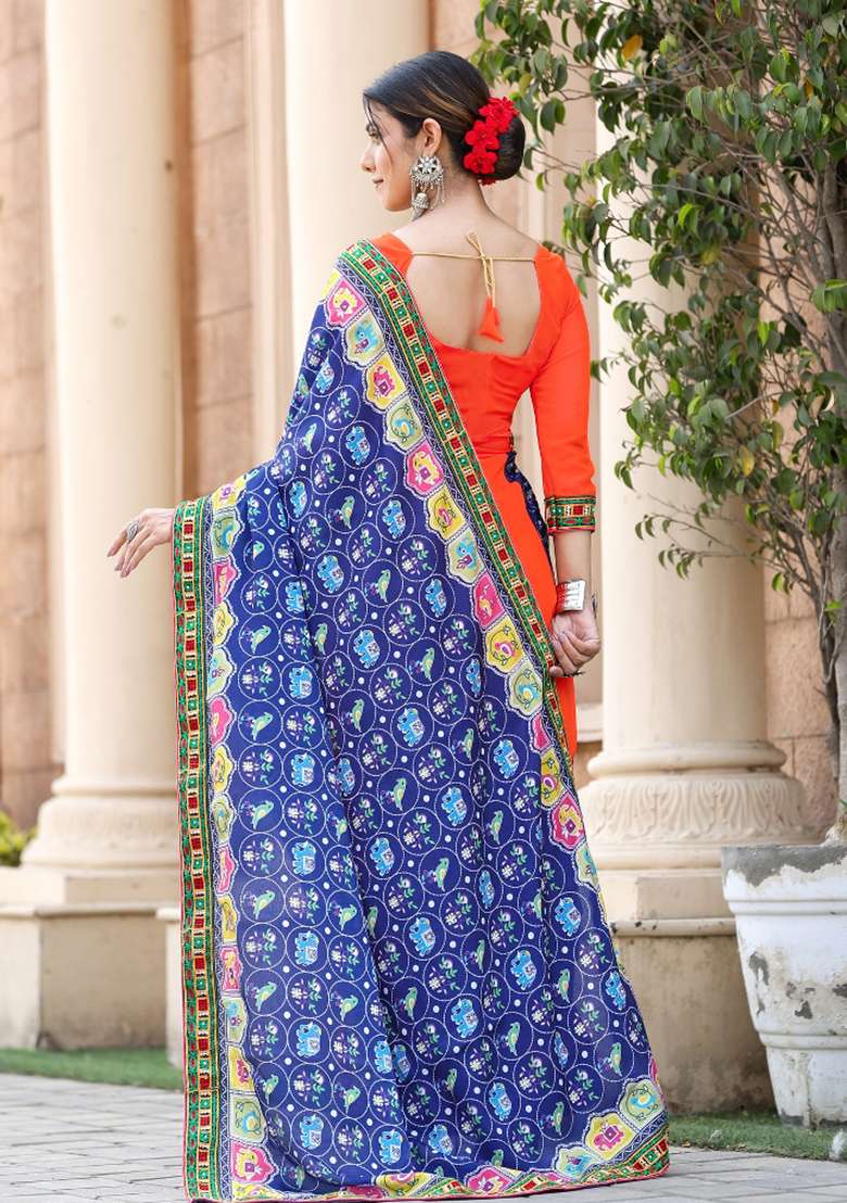 Blue Embroidery Georgette Saree Set - Indya