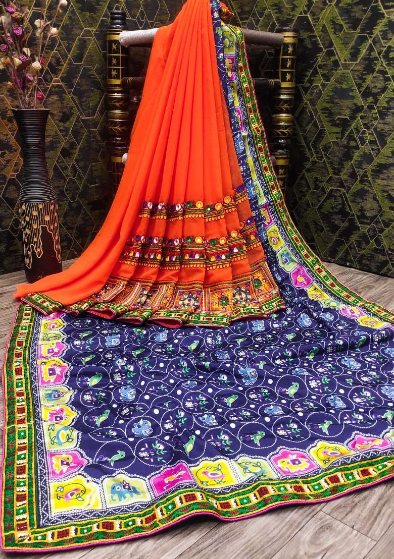 Blue Embroidery Georgette Saree Set - Indya