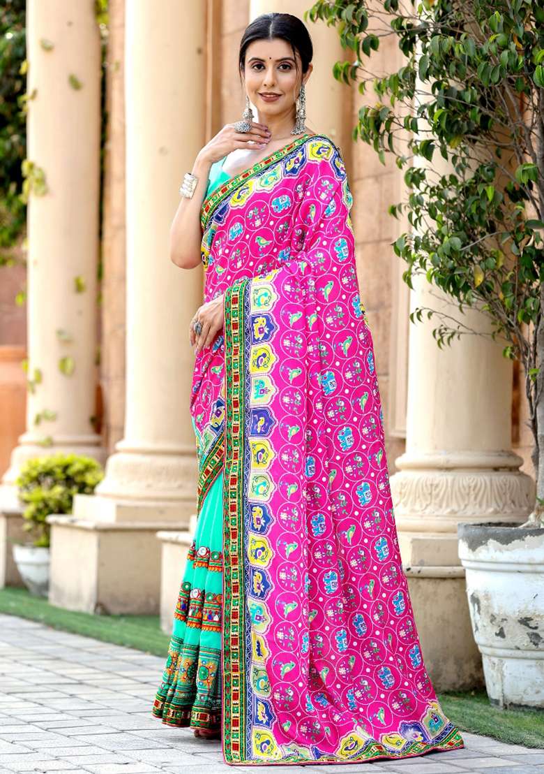 Pink Embroidery Georgette Saree Set - Indya