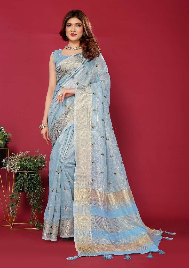Blue Embroidery Silk Saree Set - Indya