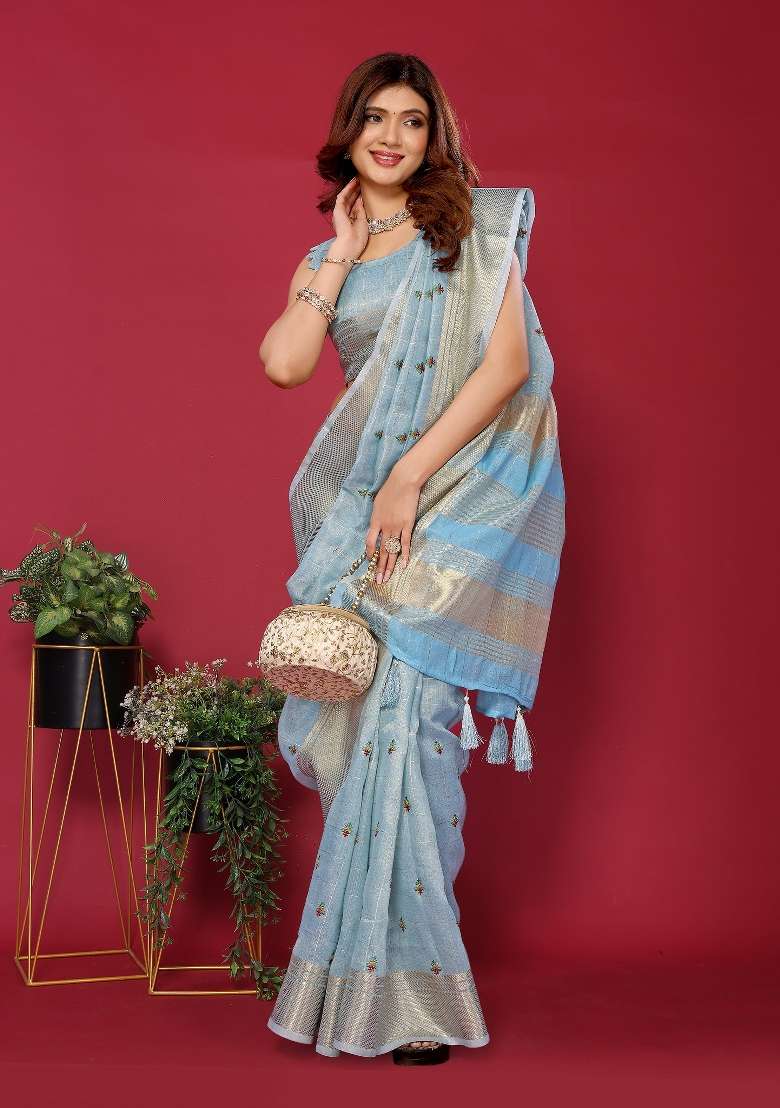 Blue Embroidery Silk Saree Set - Indya